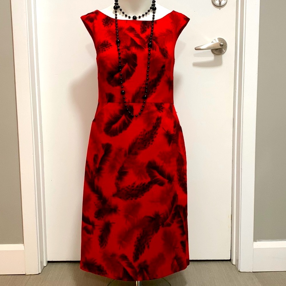JACOB red dress with black feathers and pockets